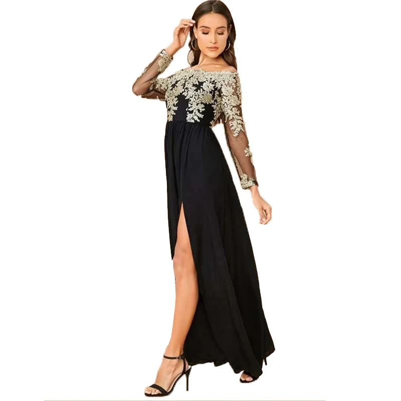 Vestido de malha bordada com fenda alta, elegante e sensual. Perfeito para eventos especiais, valoriza sua silhueta com estilo e conforto. — foto 4