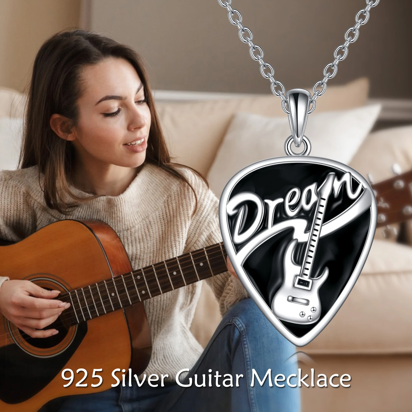 Colar com pingente de palheta de guitarra musical em prata esterlina, joias e presentes para mulheres, um toque musical elegante. — foto 5