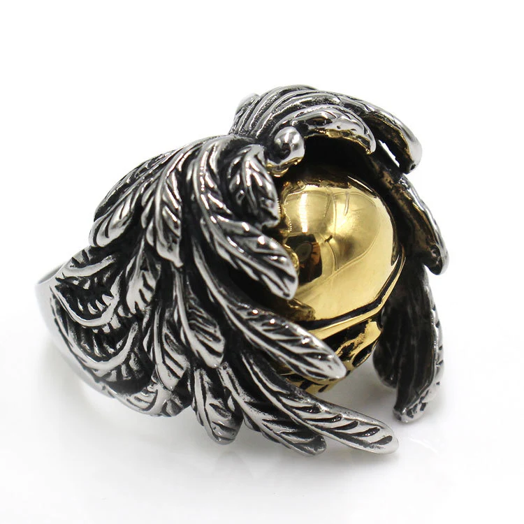 Anel de cabeça de fantasma de pena vintage em aço titânio, joia gótica masculina, design exclusivo, durável, presente perfeito. — foto 16