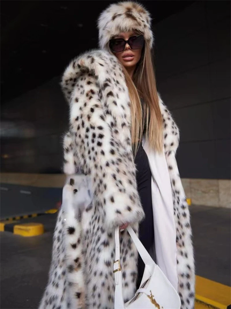 Title 2, Leopard Print Hooded Toka Long-cut Thick Warm M...