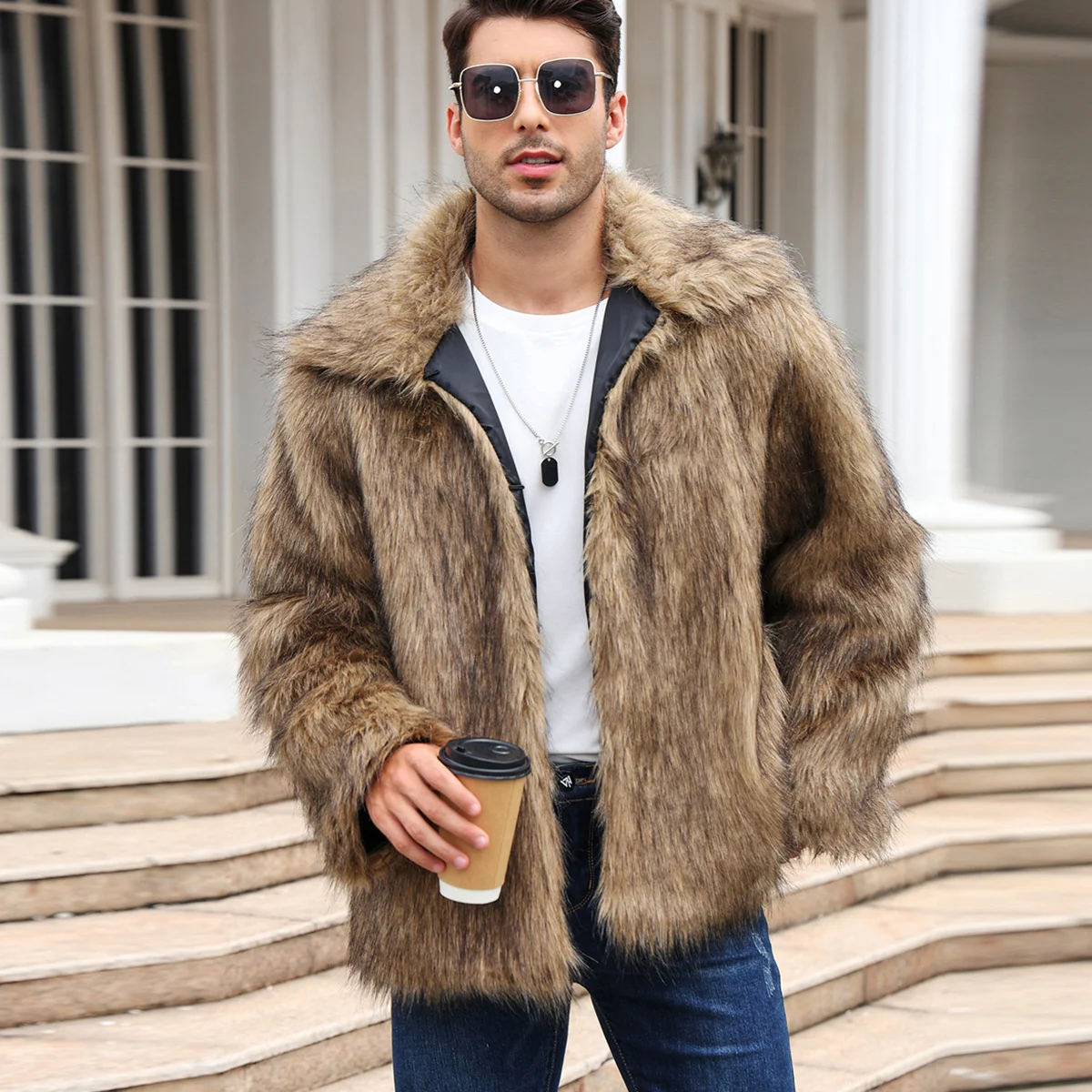 Casaco de pele sintética curto com lapela para homens europeus e americanos, agasalho quente, perfeito para o inverno. — foto 5