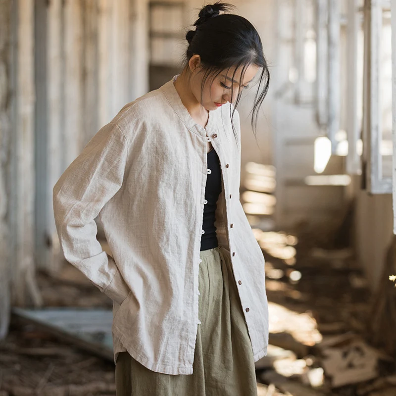 Title 5, Camicia lunga in ramia e cotone, collo alto art...