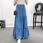 Saia jeans vintage minimalista evasê com cintura alta elástica, design atemporal, conforto e estilo para looks casuais e sofisticados. — foto 8