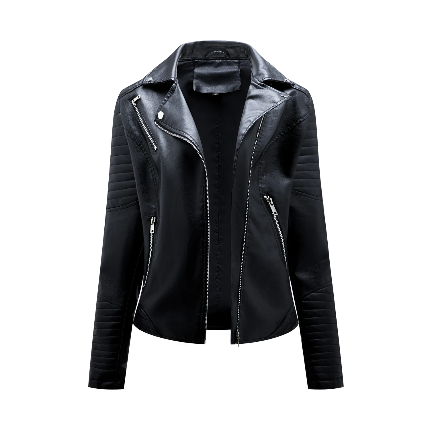 Women's short leather jacket with lapel, motorcycle style, and oblique zipper. A stylish, versatile jacket, perfect for — photo 35