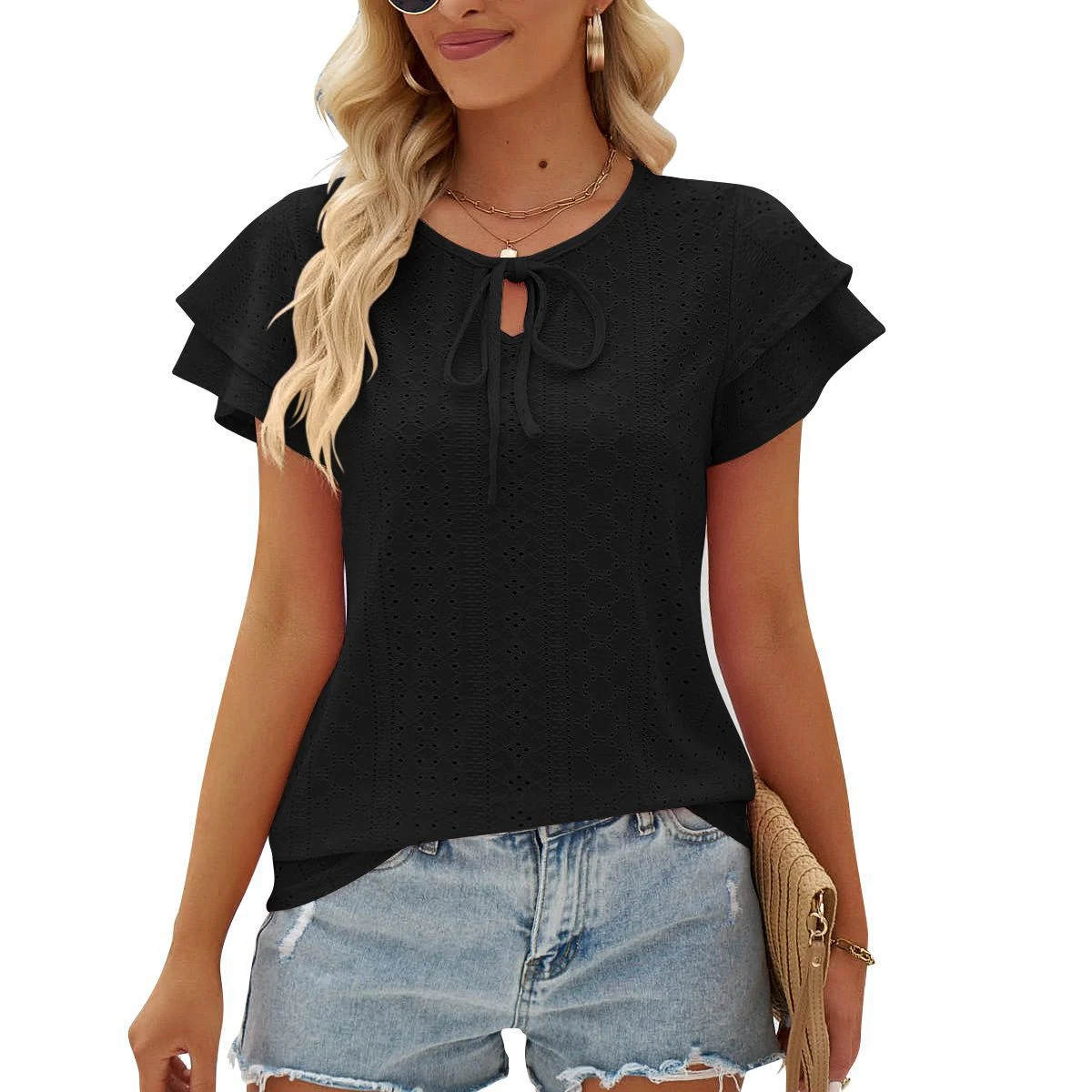 Women's Hole Hollow-out Lace-up Double-layer Sleeve Top — photo 7