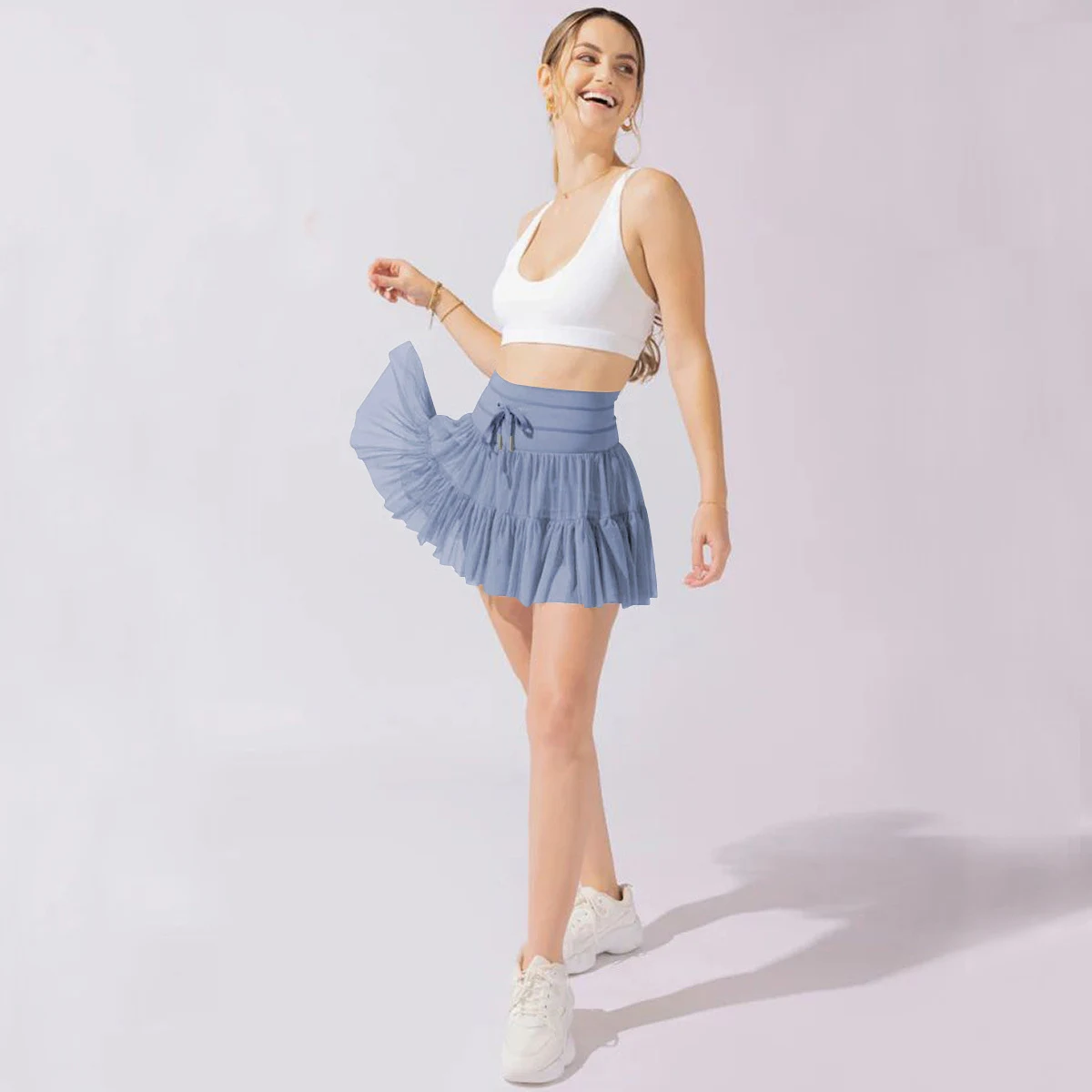 Vestido cintura alta com cadarço saia esportiva e shorts de segurança anti-exposição, saia plissada moda de verão feminina — foto 13