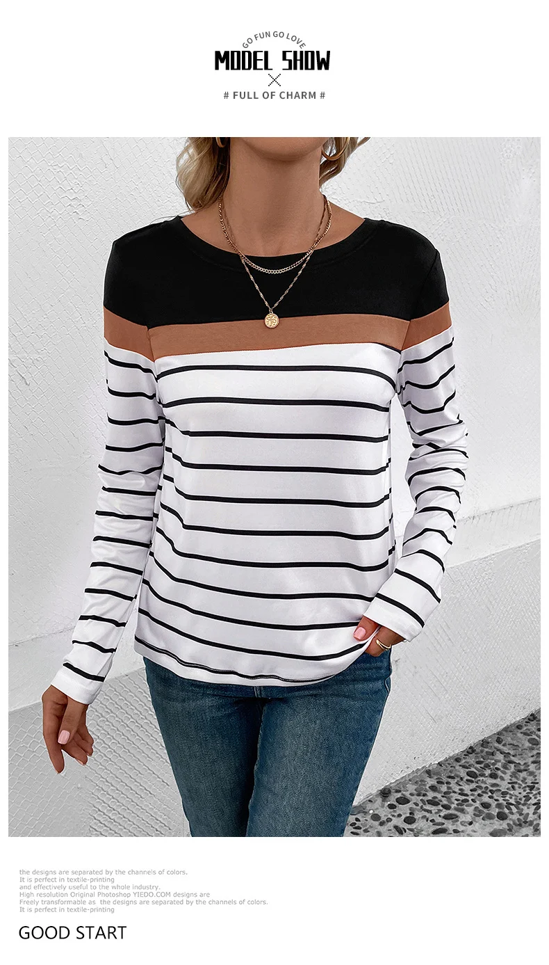 Maglia Leisure con Patchwork, Girocollo, Maniche Lunghe a Righe. Perfetta per un look casual e confortevole, ideale per tutti i giorni. — foto 12