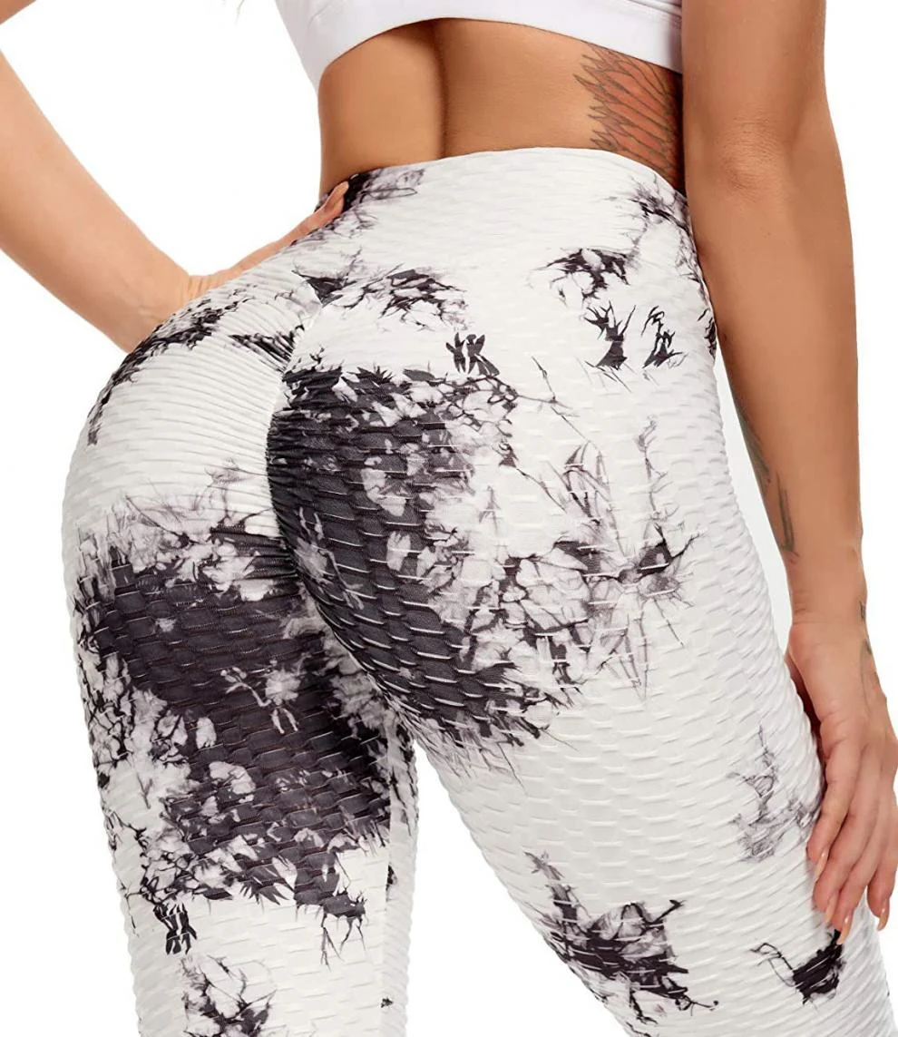 Ženske joga pantalone sa tie-dye i žakard šarom, udobne i rastegljive, idealne za jogu, pilates i vežbanje. — foto 5