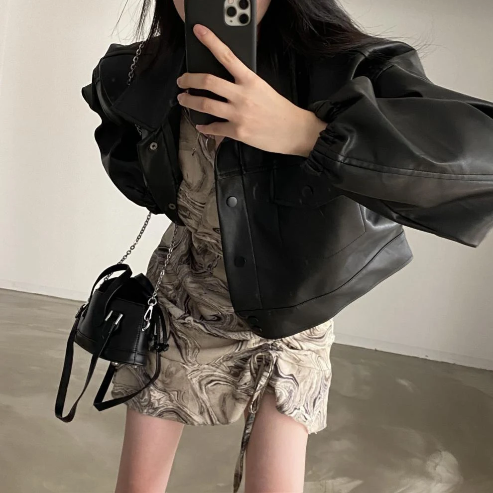 Title 18, Chic Lapel Double Pocket Leather Top Leather Co...