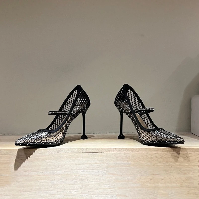 Spring and Summer New Pointed-toe Super High Heel Rhinestone Mesh Shoes, designed for elegance and a dazzling look in an — photo 12