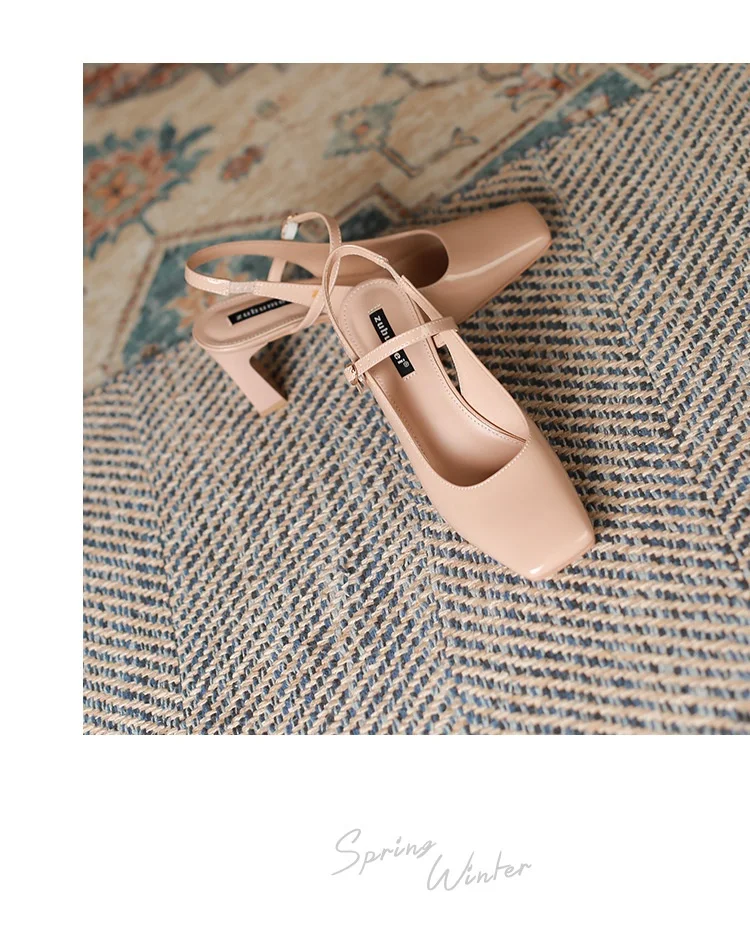 Title 15, French Retro Square Toe High Heels, Backless Cl...