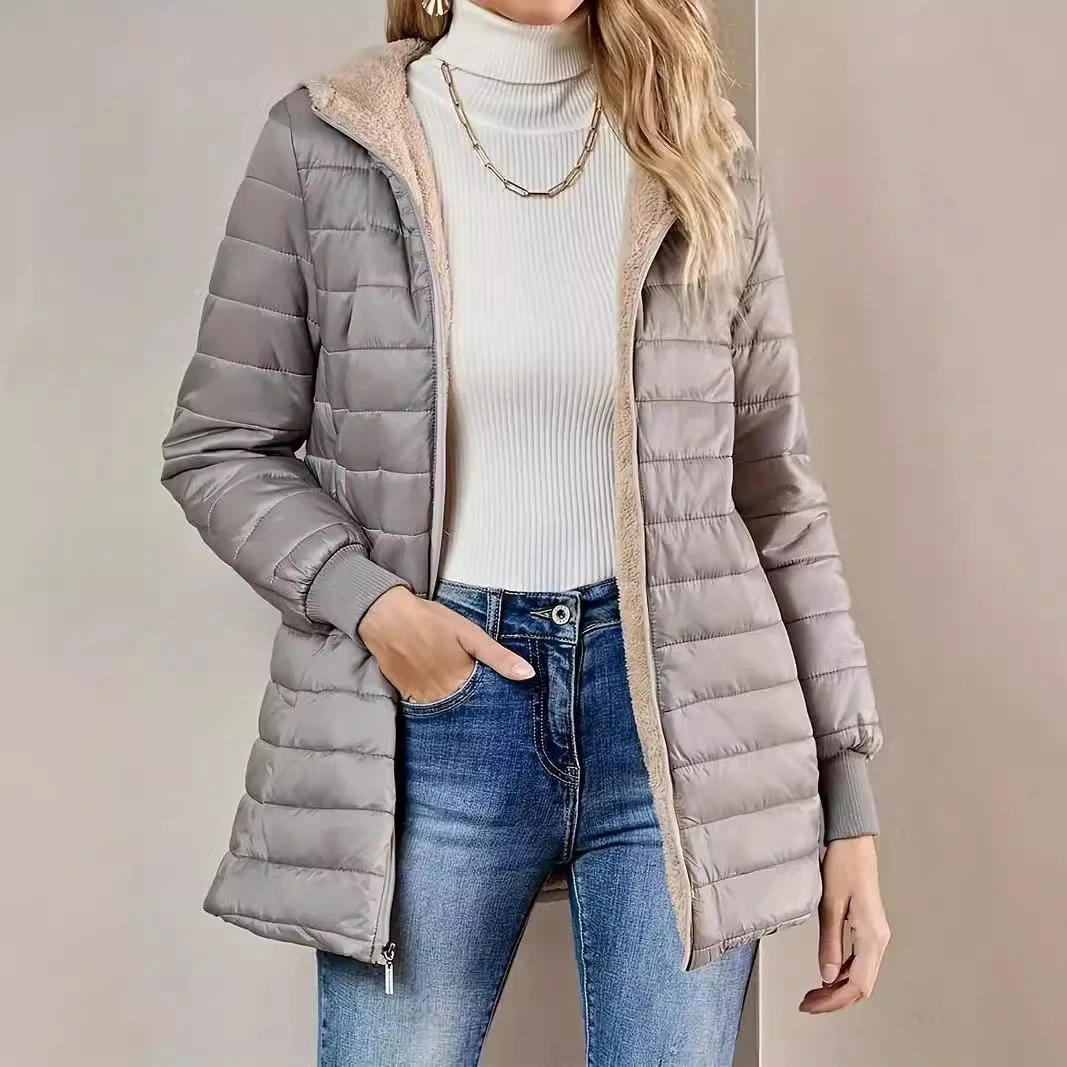 Mid-length loose hooded fleece-lined quilted cotton jacket provides cozy warmth and comfortable everyday wear. Perfect f — photo 6