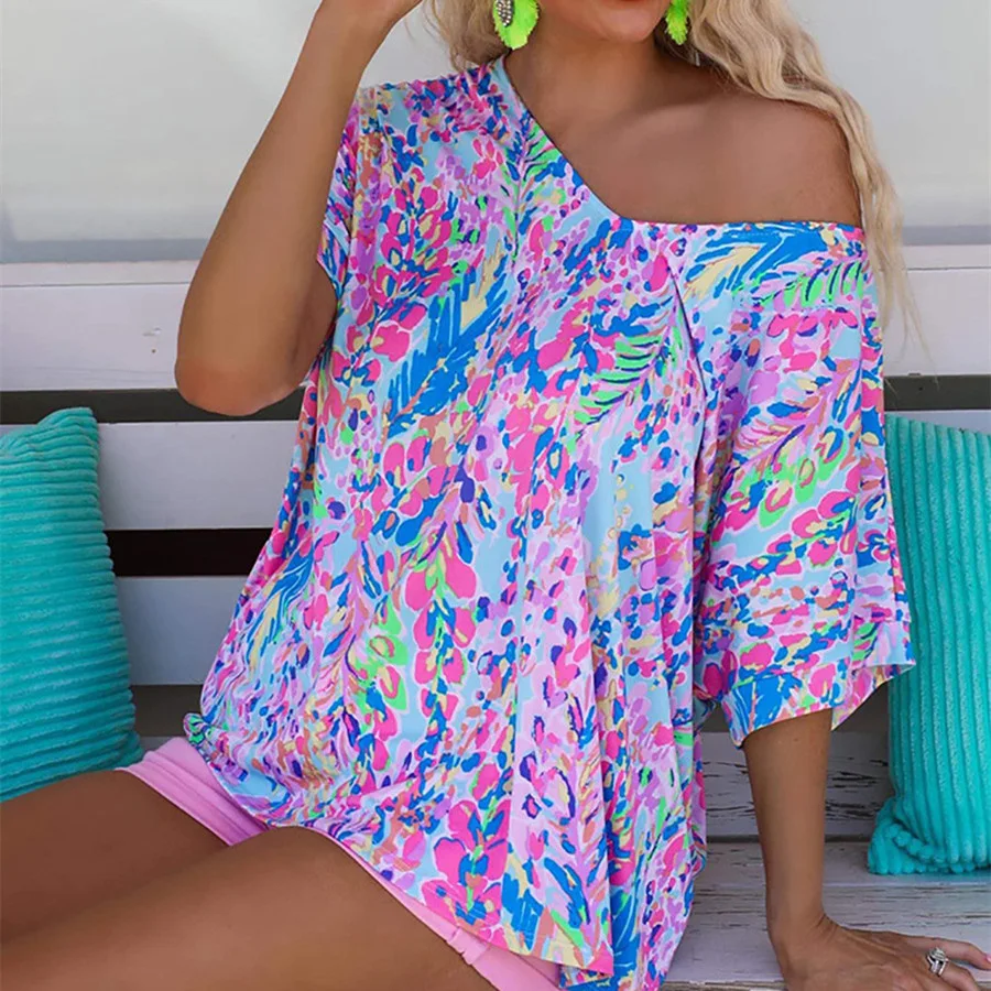 Title 2, Womens Fashion Floral Painted Loose V-neck Sho...