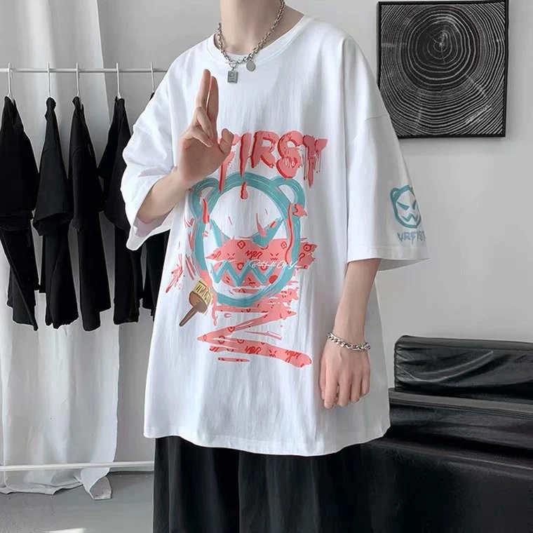Summer New Short Sleeve T-shirt Men's Loose Trendy All-match Cartoon Top Clothes Hong Kong Style Casual Hip Hop Outfit f — photo 2