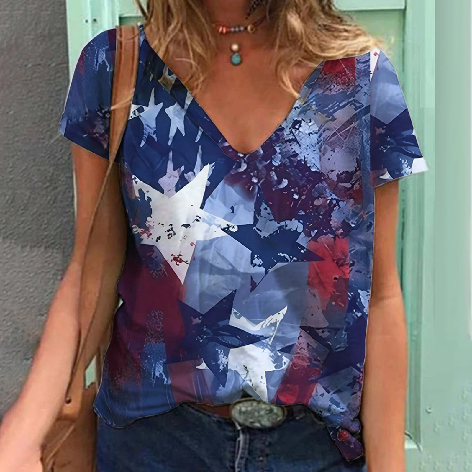 Title 10, Printed V-neck Womens Short Sleeve Summer Top....