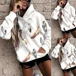 Moletom feminino solto com estampa de penas e mangas compridas, ideal para um look casual e confortável. Perfeito para o dia a dia. — foto 4