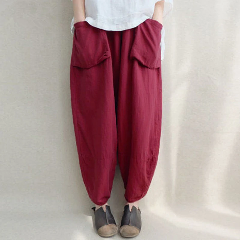 Women's Autumn Elastic Waist Solid Pockets Harem Pants Cotton Linen Loose Long Capris Plus Size Comfortable Fit — photo 2