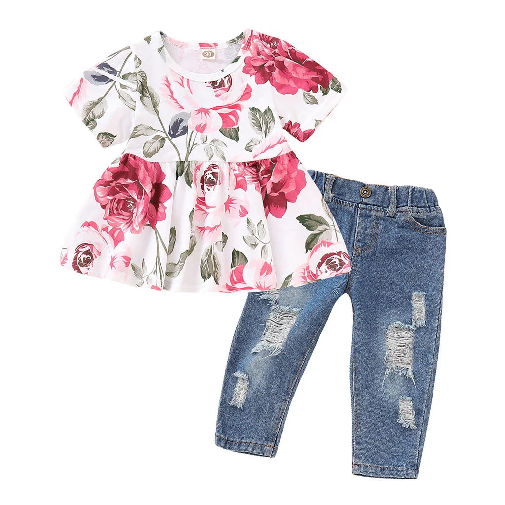 Rose Flower Top Denim Ripped Trousers Zweiteiler Anzug für einen stilvollen Look. Ideal für Damen, die Mode lieben und sich wohlfühlen möchten. — foto 8