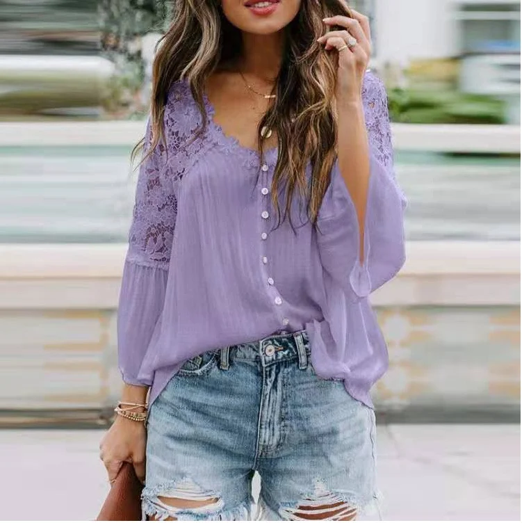 Blusa feminina cor sólida com costura em V, manga flare com botões, ideal para um look elegante e moderno, confortável e versátil. — foto 1