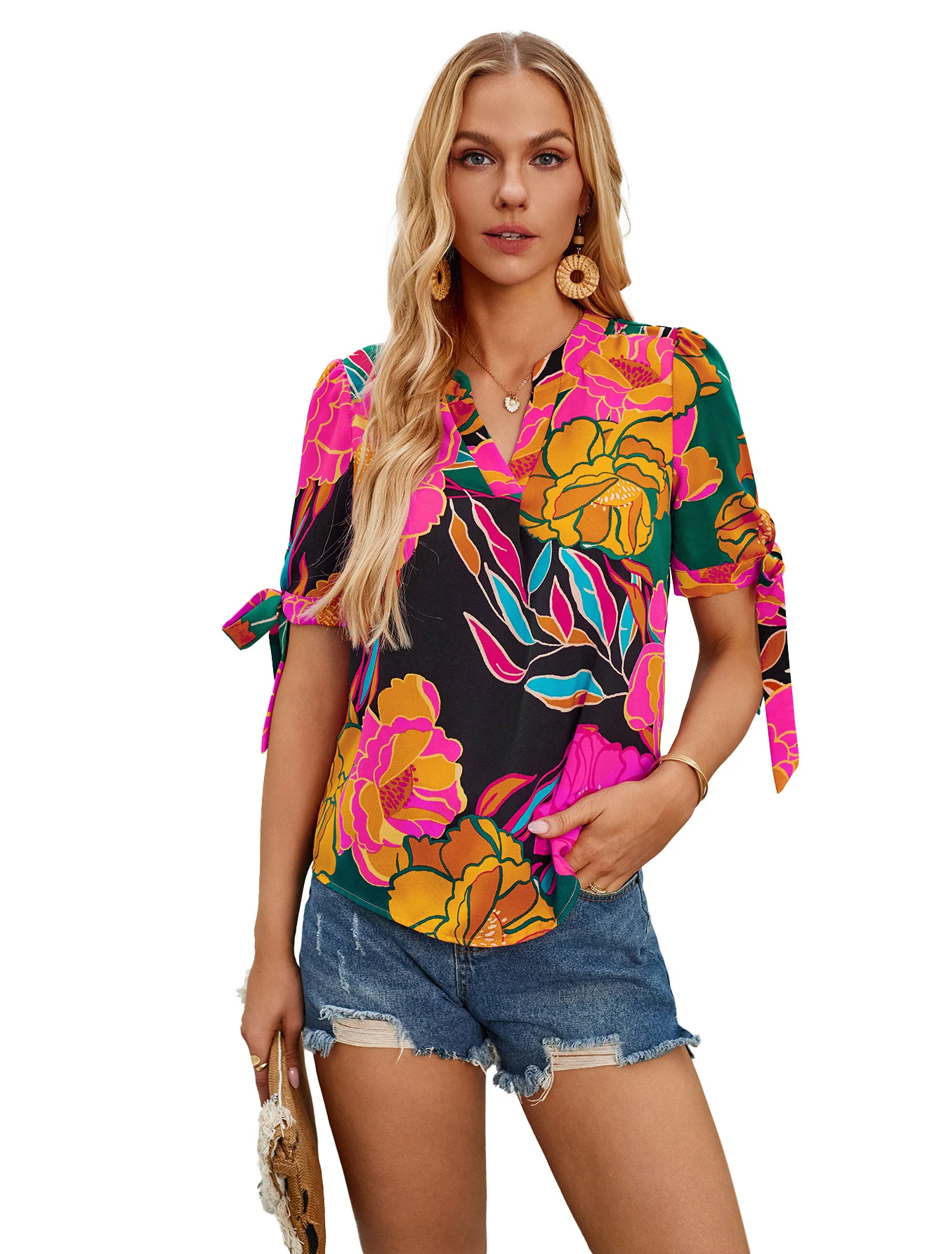 Fashion Printed Casual 2V Collar Cuff Bundle Top, Comfortable and Stylish, Perfect for Everyday Wear and Creating Effort — photo 3
