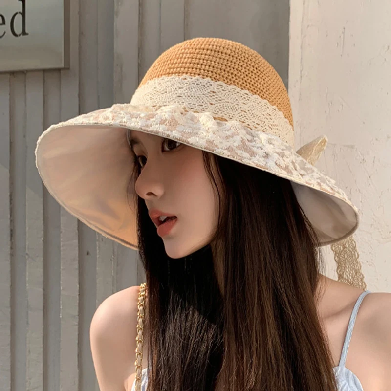 Title 5, Lace Bow Straw Fisherman Hat Summer Outdoor Sun...