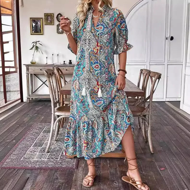 Title 4, European and American Leisure Paisley Print Dre...