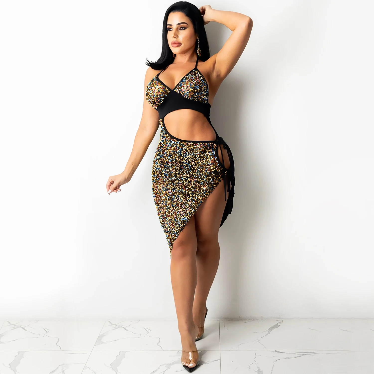 Title 8, HTH 2212089 Sequin halterjurk met split en vete...