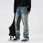 Calças jeans retas estampadas e lavadas, moda de rua com personalidade, perfeitas para um visual moderno e estiloso no dia a dia. — foto 21