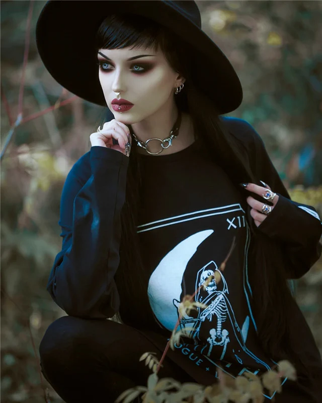 Herbst- und Winter-Gothic-Pullover mit dunklem Mond-Buchstabendruck, Rundhalsausschnitt und langem Muster — foto 8