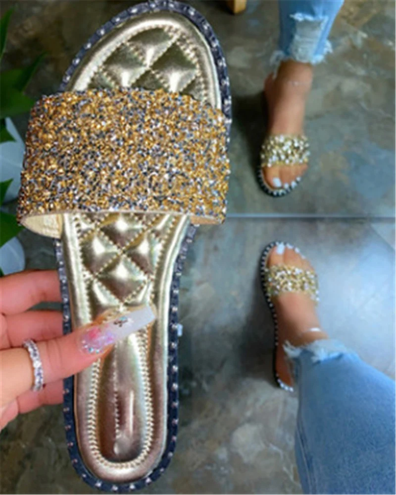 Title 5, Round head rhinestone flat bottom beach slipper...