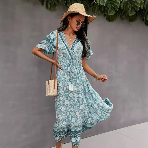 Title 2, Flower Dyed Ethnic Style V-shaped Dress