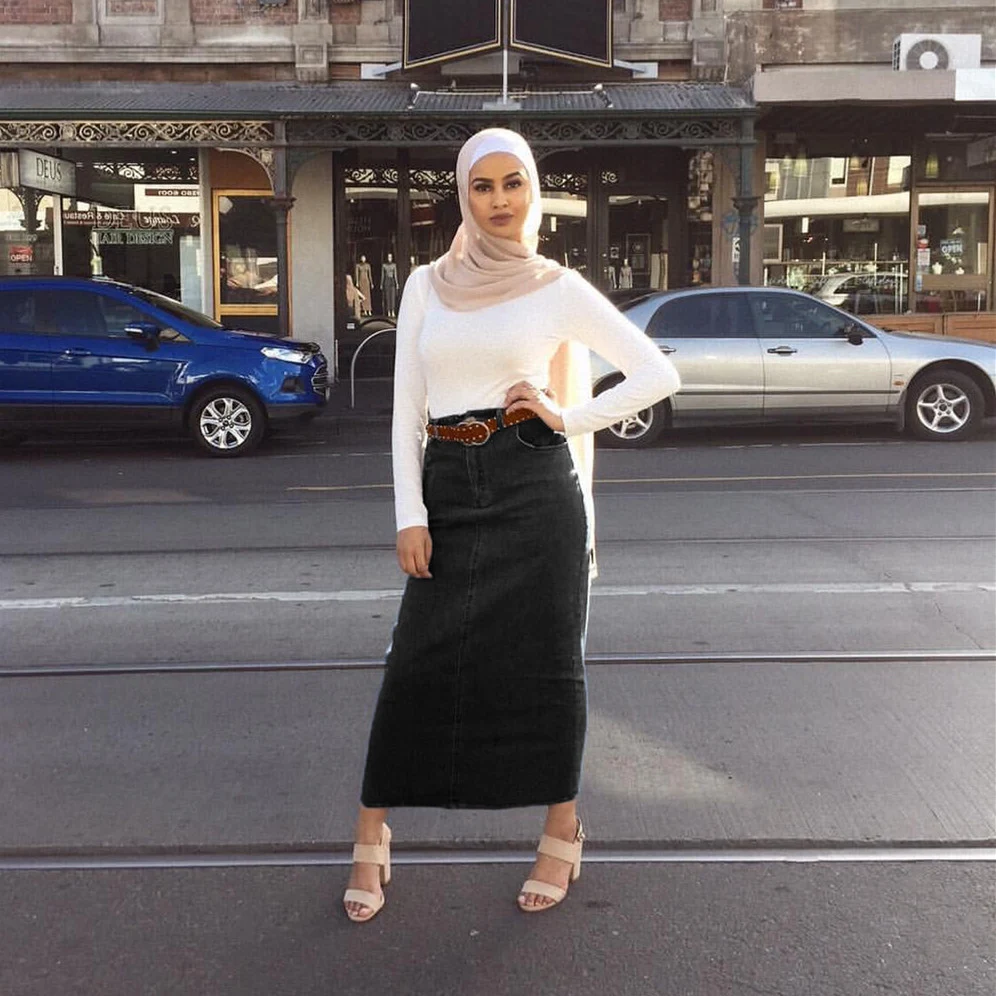 Title 5, Long Stretch Denim Hip-wrapped Skirt, flatterin...