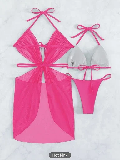 Title 6, 3pcs Halter Neck Bikini Beach Summer Solid Colo...