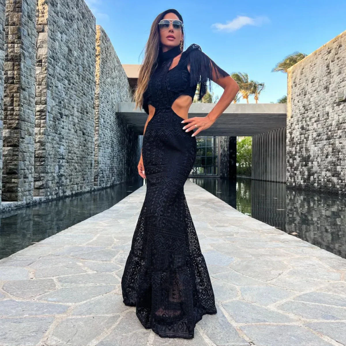 Title 5, Black Cut-out Midriff Outfit Lace-up Tassel Wom...