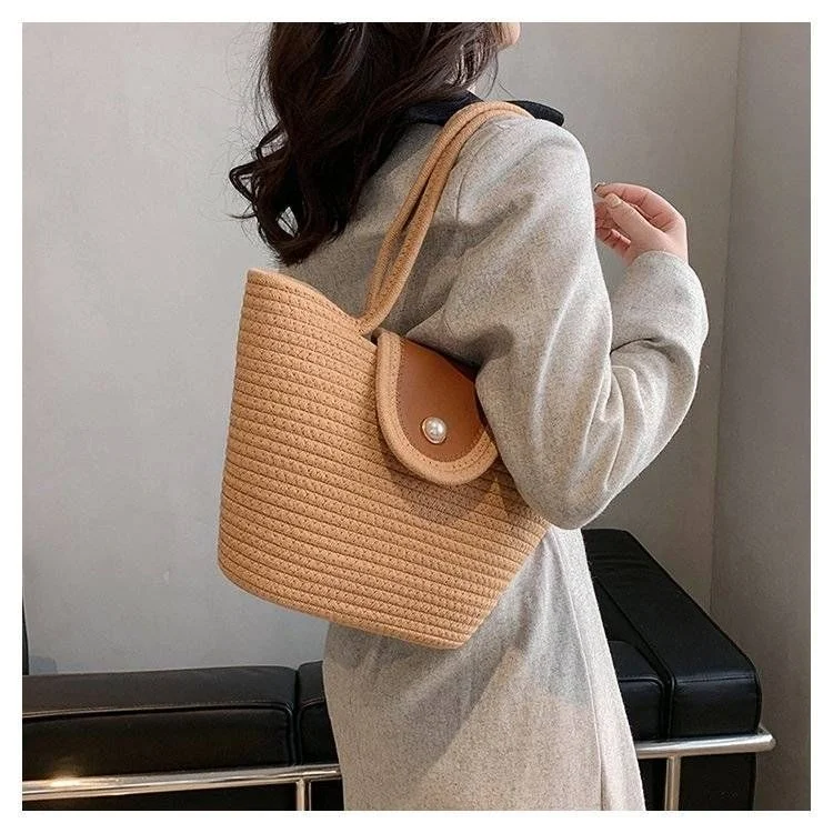 Nova Bolsa Pérola Grande Capacidade Bolsa de Mão Tecida Corda Algodão Feminina Ampla e Charmosa Ideal para Compras e Passeios Leve e Confortável — foto 5