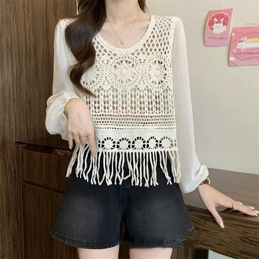 Title 5, Womens Tassel Chiffon Patchwork Lace V-neck Sh...