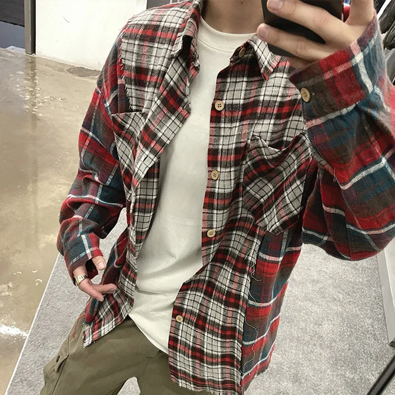 Title 6, Camisas Patchwork Xadrez Vermelho para Homens e...