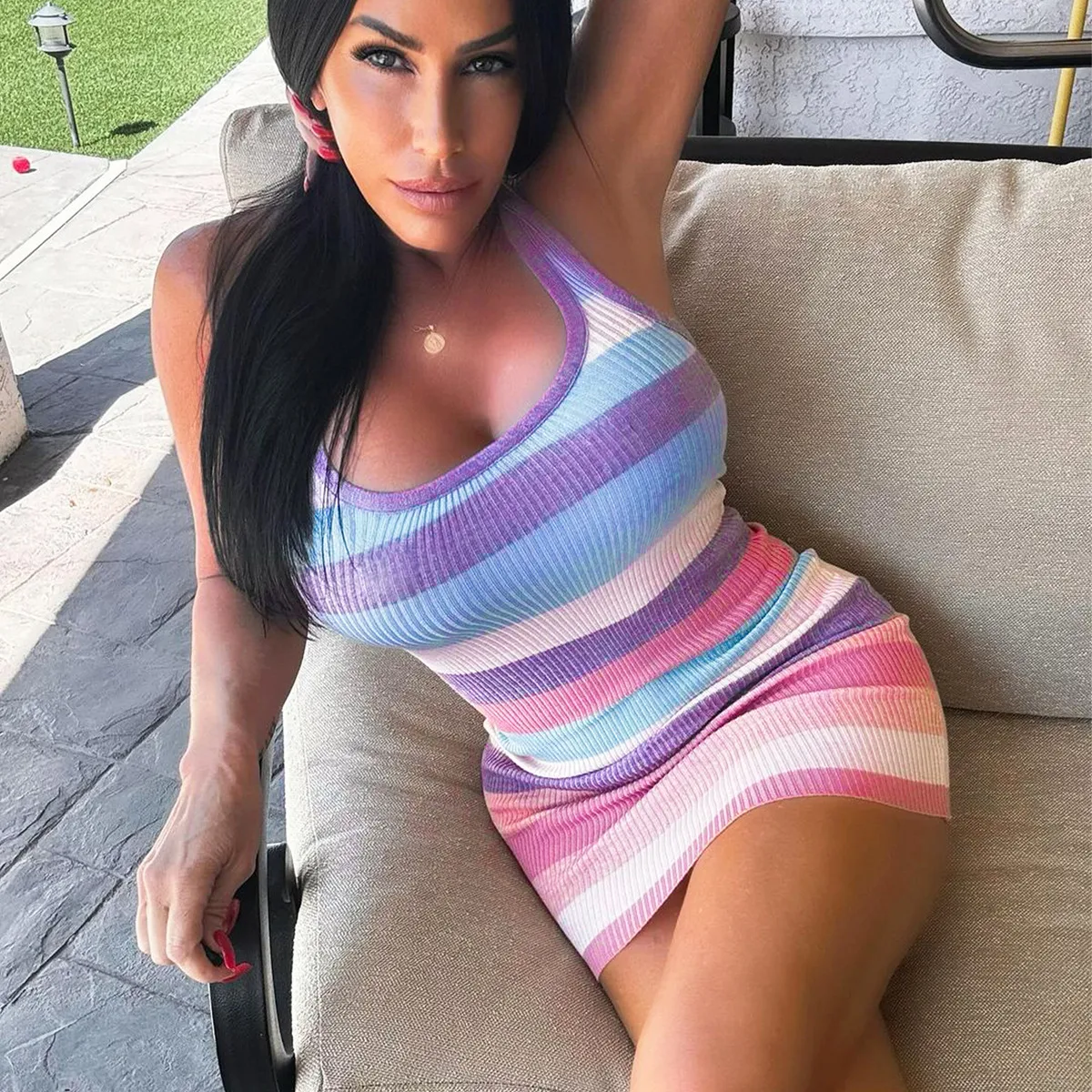 Title 6, Stripes Printed Sexy Halter Backless Dress