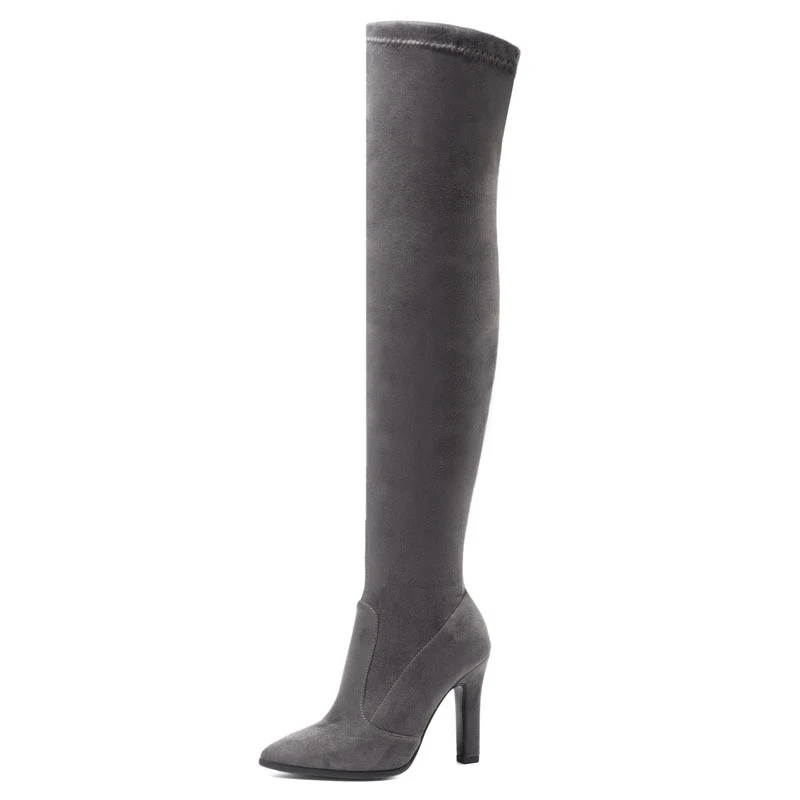 Botas femininas de camurça bico fino salto grosso sapatos de salto alto cano alto para alongar as pernas Botas de estiramento — foto 30
