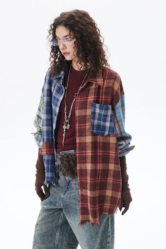 Title 11, American Retro Loose Plaid Stitching Design Lon...