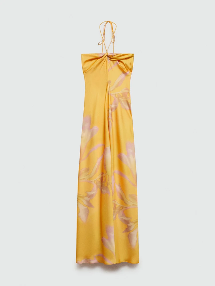 Yellow Print Satin Dress Sleeveless Halter for effortless elegance. Perfect for summer evenings or special occasions, co — photo 1