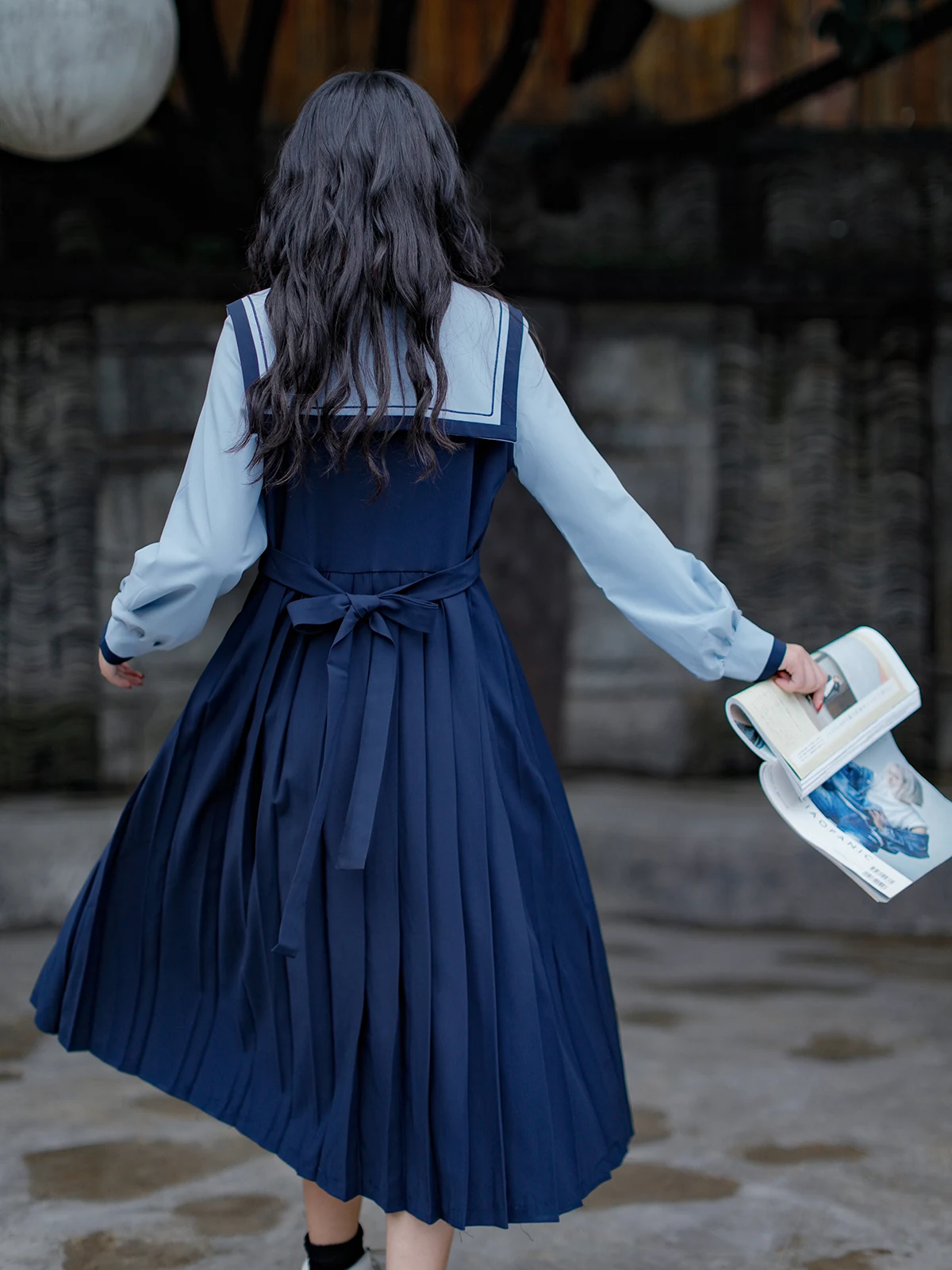 Japanese Navy Neck Embroidered Dark Blue Preppy Dress, offering a stylish and sophisticated look. Perfect for everyday w — photo 3
