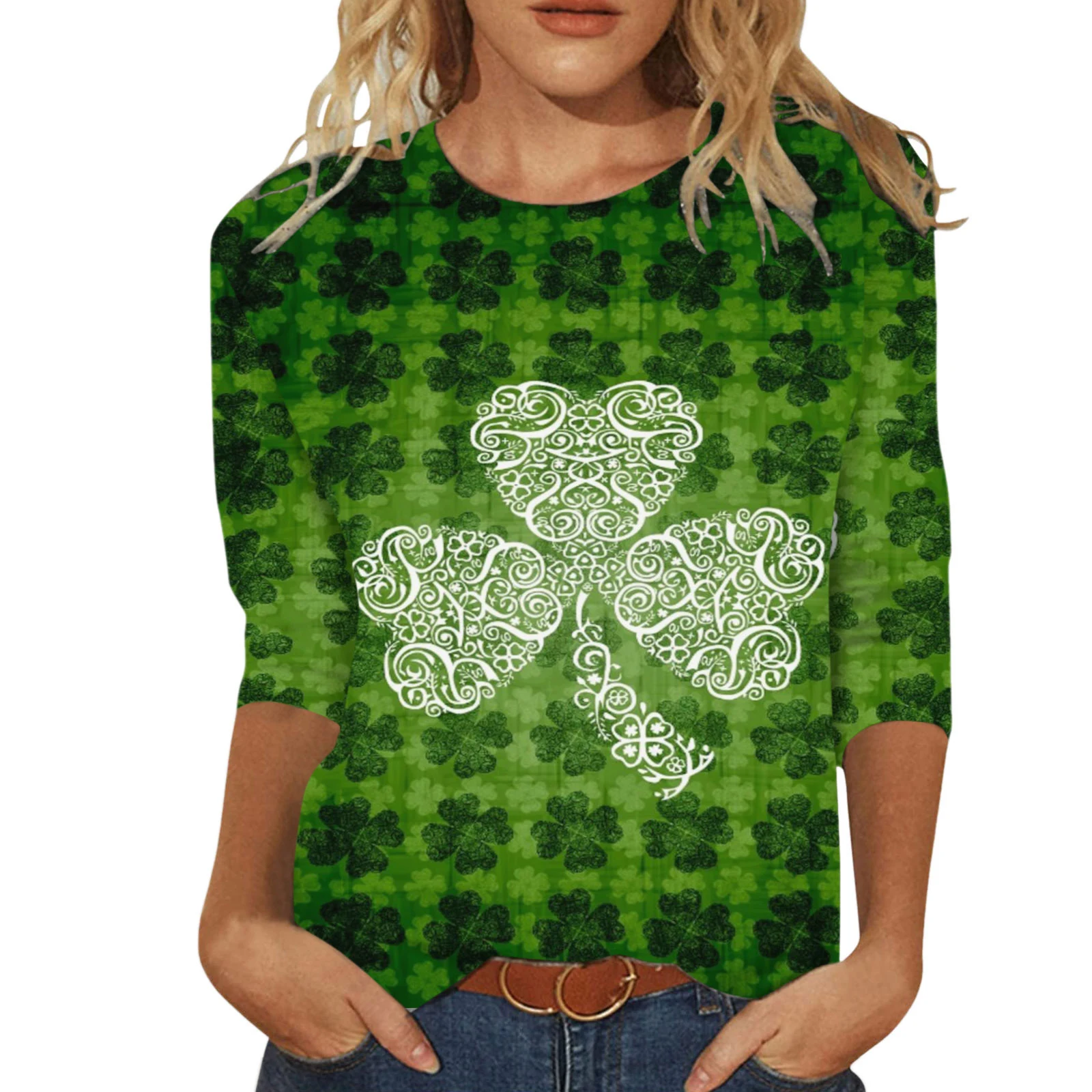Digitaal bedrukt groen T-shirt met ronde hals — foto 9
