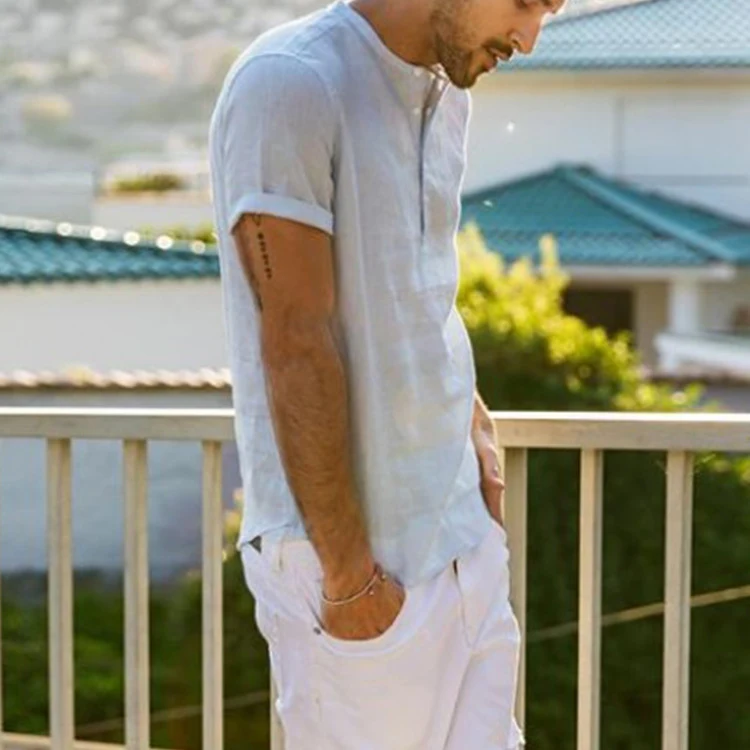 Title 5, Mens stand collar cotton linen short sleeve sh...
