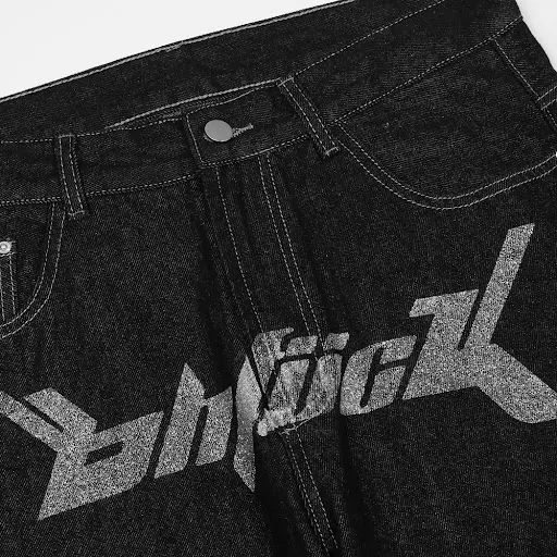 Title 5, Loose Straight Letter Print Mens Casual Jeans