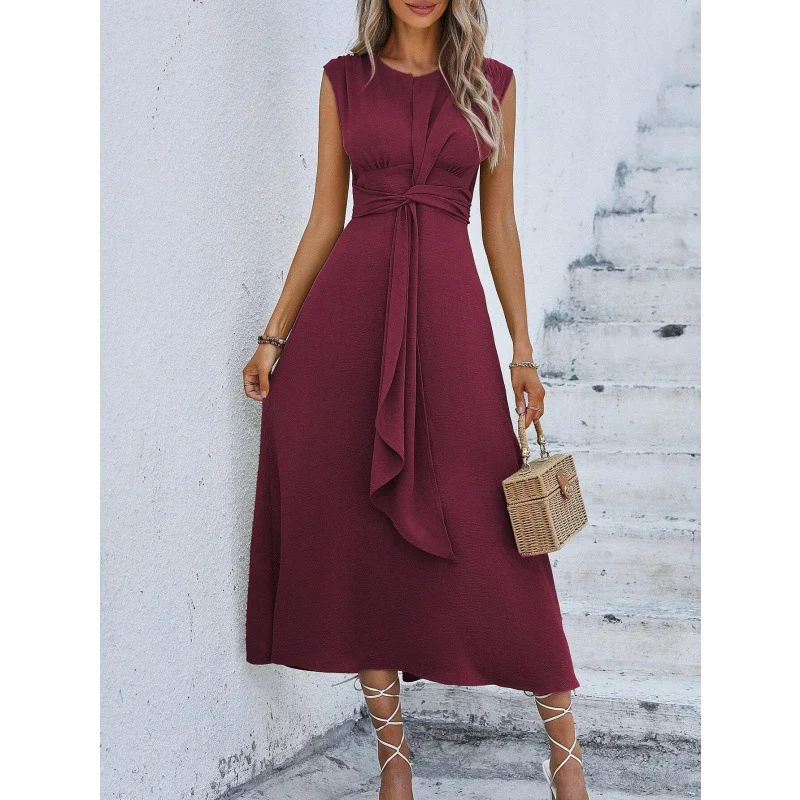 Women's solid color waist tie dress, stylish and versatile. Flattering fit, comfortable and elegant, perfect for any occ — photo 4
