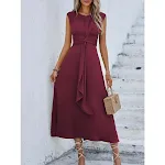 Women's solid color waist tie dress, stylish and versatile. Flattering fit, comfortable and elegant, perfect for any occ — photo 4