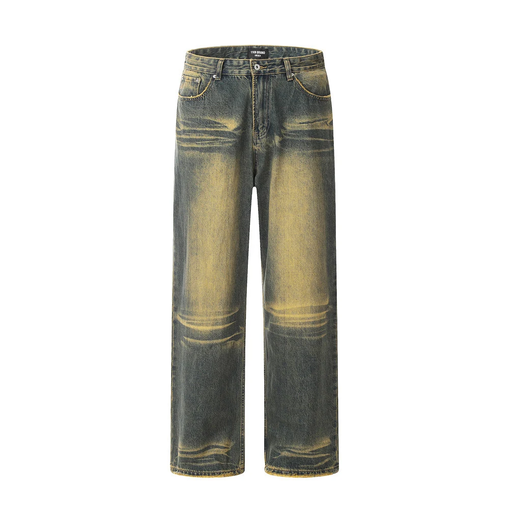 Pantaloni dritti in denim spray paint da uomo, un look moderno e di tendenza, perfetti per un outfit casual e originale con stile. — foto 1