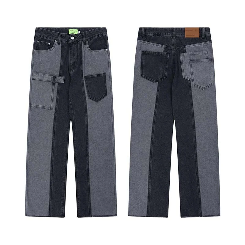 High Street Retro Patchwork Contrast Color Washed Worn Jeans, offering a unique vintage style and comfortable fit for ev — photo 5