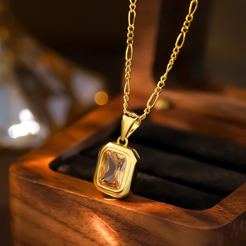 Colar S925 Prata Retangular Zircônia Champagne, Corrente de Suéter Outono Inverno Estilo Europeu Americano Feminino. — foto 6